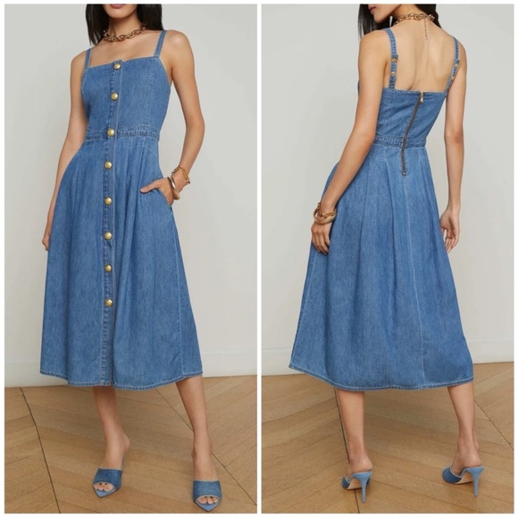 New L’Agence Denim Pleated Esmeralda Dress Button Front Blue Jean Stokes Sz 8 - Picture 1 of 16